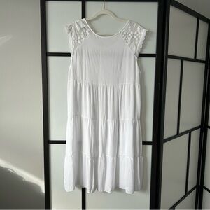 [M] 100% Viscose Softest White Boho Prairie Midi Dress Lace Trim Made In Italy